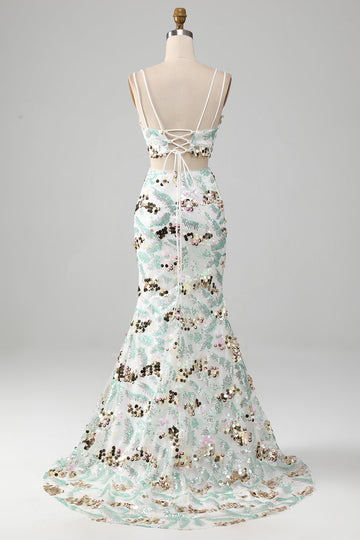 White Two-Piece Sparkly Mermaid Ball Dress with Slit